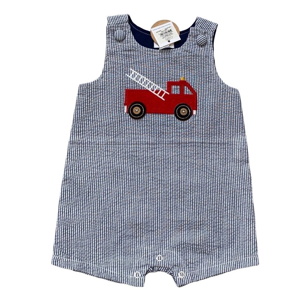 Mud Pie seersucker romper  fire truck appliqué 9-12m NWT